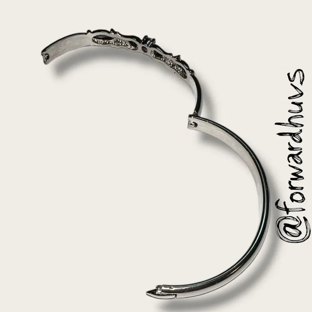 Silver-Plated Hinged Bracelet – Pink Cubic Zirconia - Ornate Center Pattern